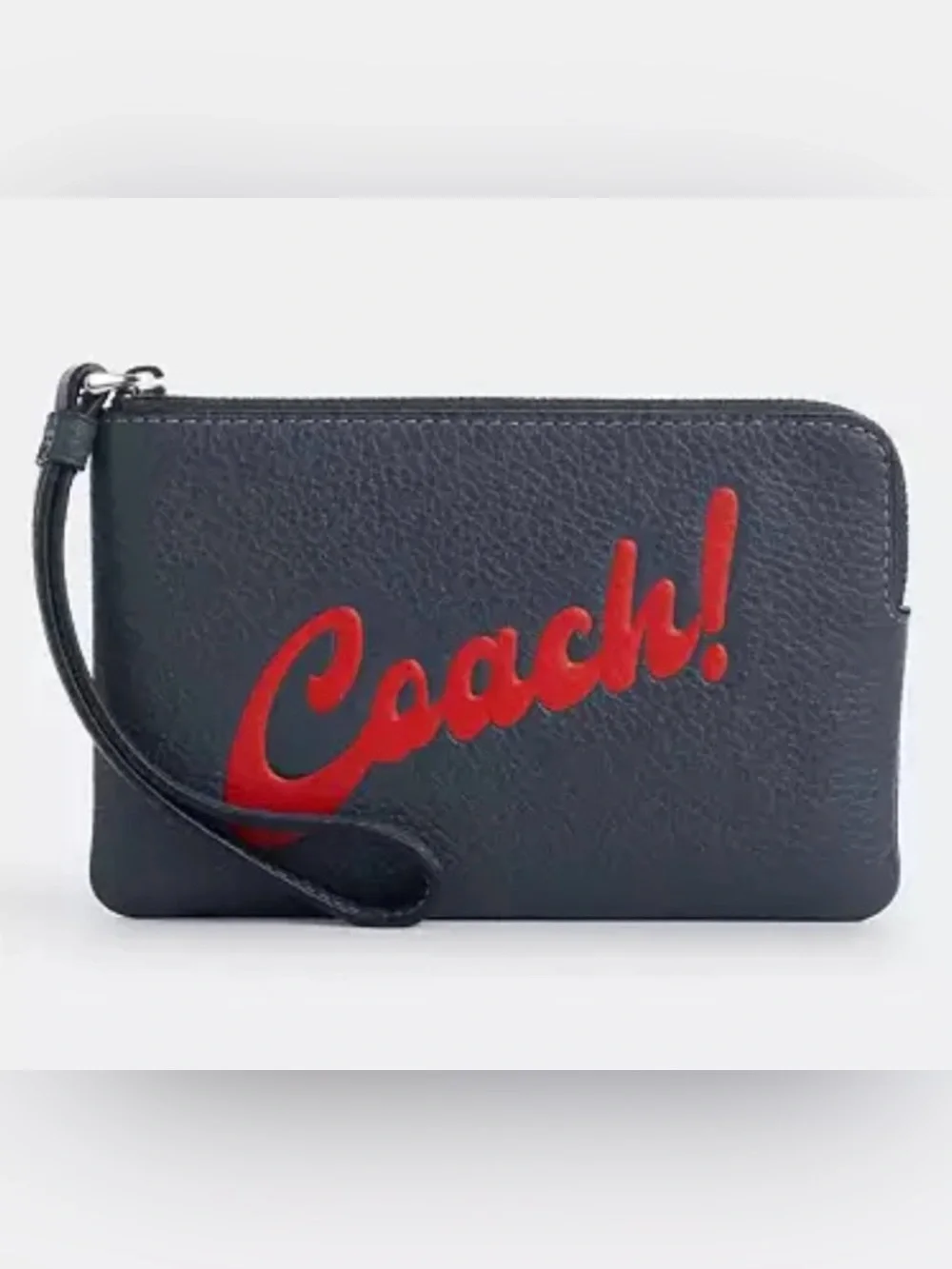 Coach Corner Zip Leather Wristlet NWT Navy with Red LOGO Script Accent